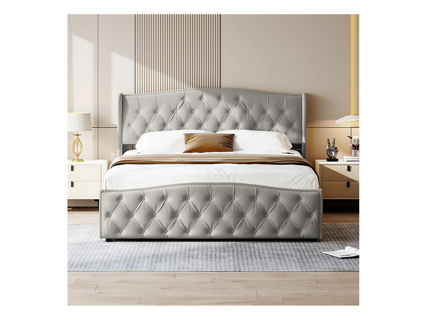 Cama tapizada con almacenaje de 160 x 200 cm, con cabecero Wave Line, gris