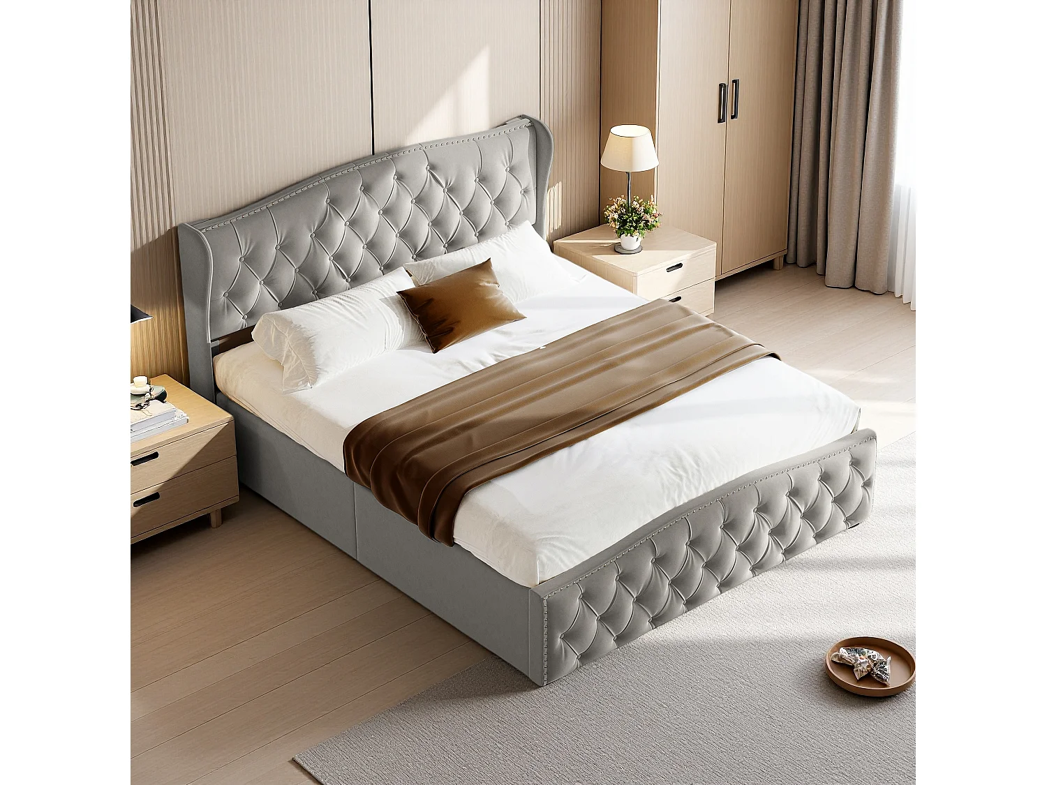 Cama estofada com armazenamento 160 x 200 cm, com cabeceira Wave Line, cinza