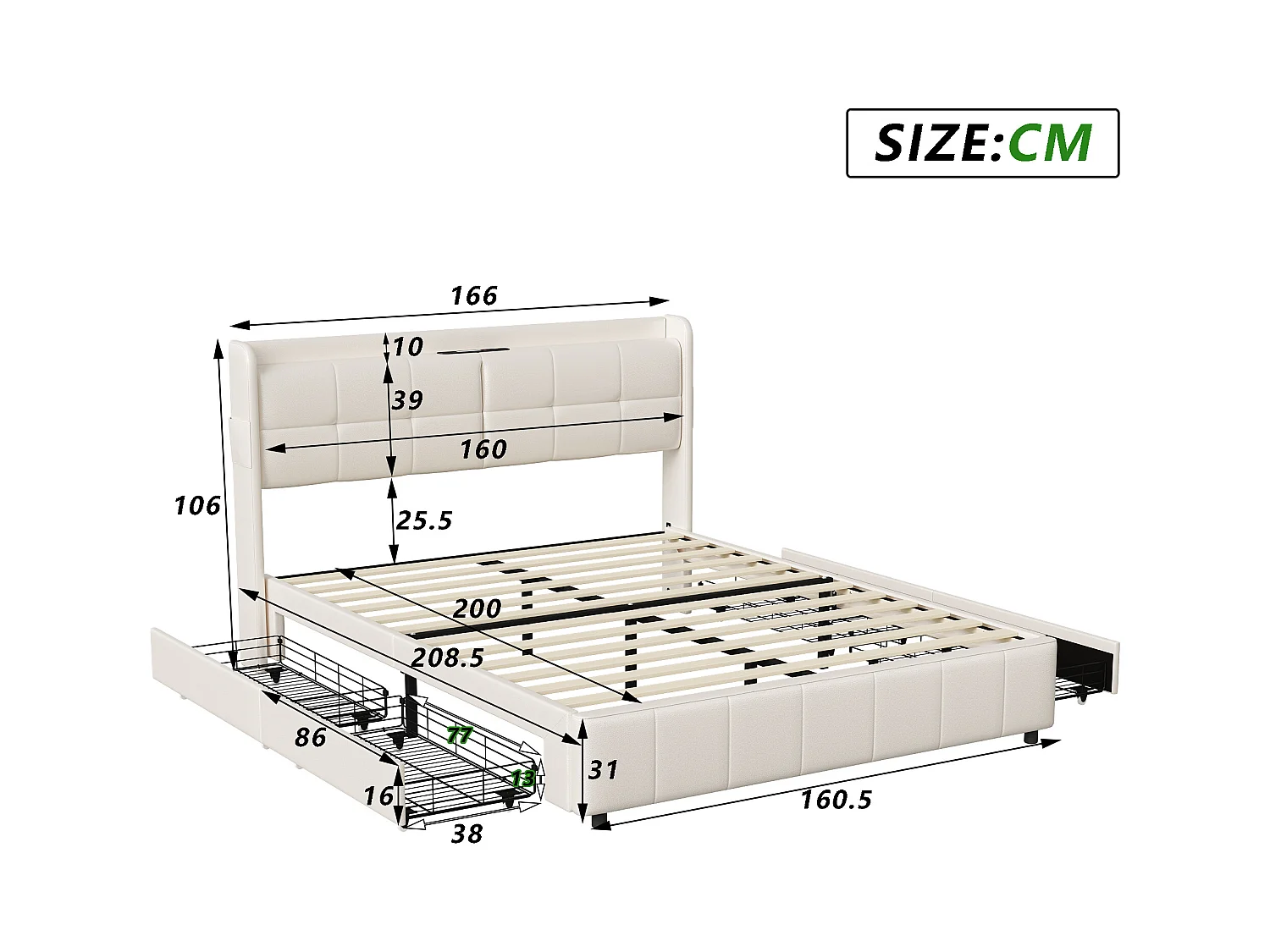Cama 160x200 cm com estrado de ripas, com 4 gavetas de arrumação e carregamento USB, PU, Branco