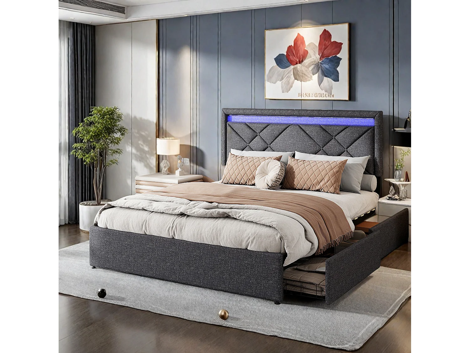 Gestoffeerd tweepersoonsbed, 140 x 200 cm, met LED en USB, opbergvak met lades, linnen, grijs