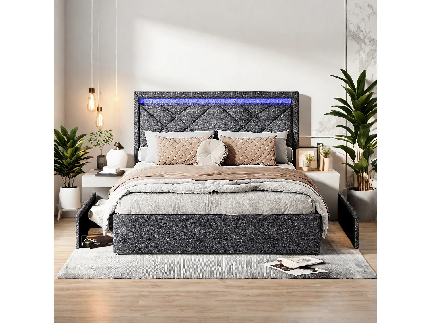 Gestoffeerd tweepersoonsbed, 140 x 200 cm, met LED en USB, opbergvak met lades, linnen, grijs