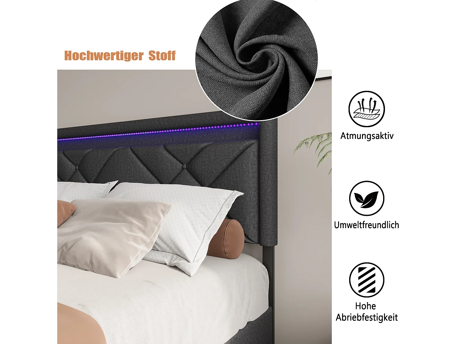 Gestoffeerd tweepersoonsbed, 140 x 200 cm, met LED en USB, opbergvak met lades, linnen, grijs
