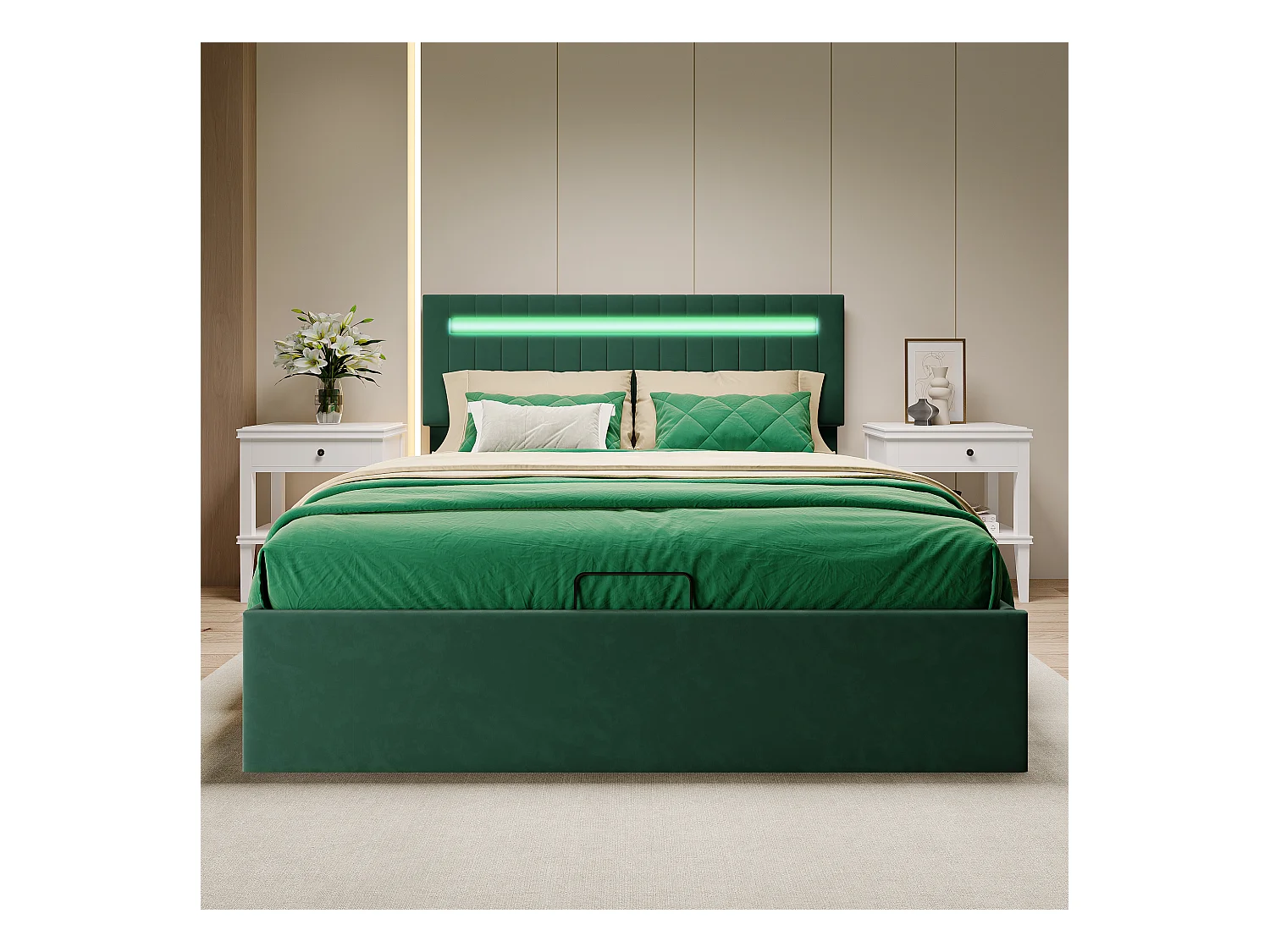 Lit double rembourré avec rangement 160 x 200cm , Tête de Lit avec LED , lit 2 personnes, Vert