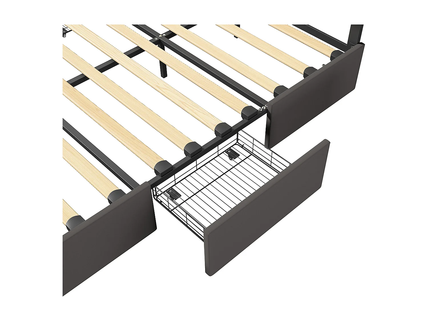 Gestoffeerd bed 140x200cm met LED, met 4 opbergladen, met lattenbodem, PU, grijs