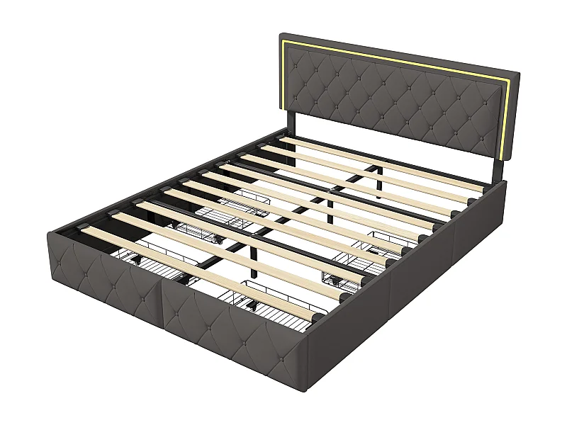 Gestoffeerd bed 140x200cm met LED, met 4 opbergladen, met lattenbodem, PU, grijs