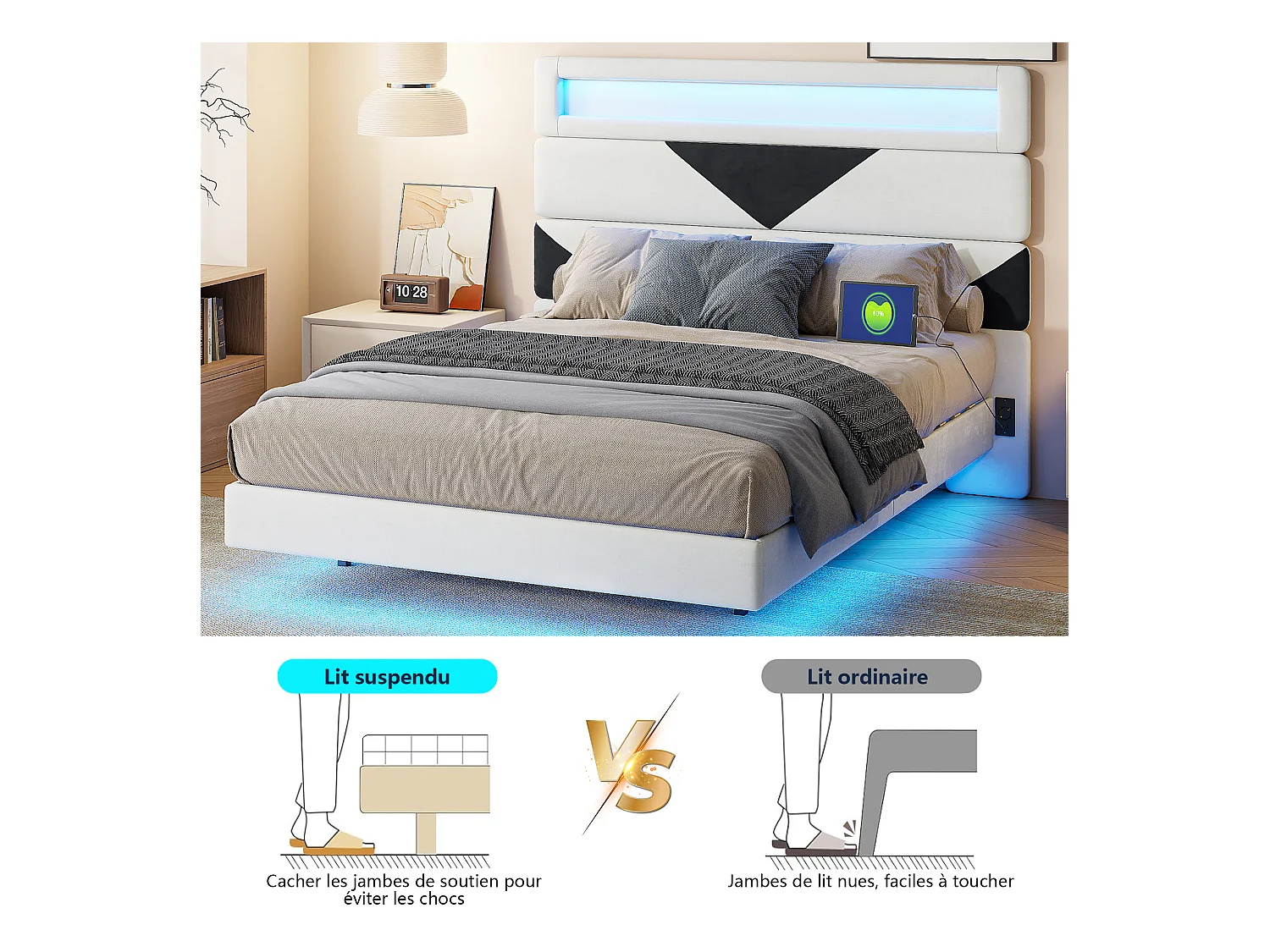 Hangbed 160 x 200 cm met LED - USB, tweepersoonsbedframe met lattenbodem, fluweel, wit