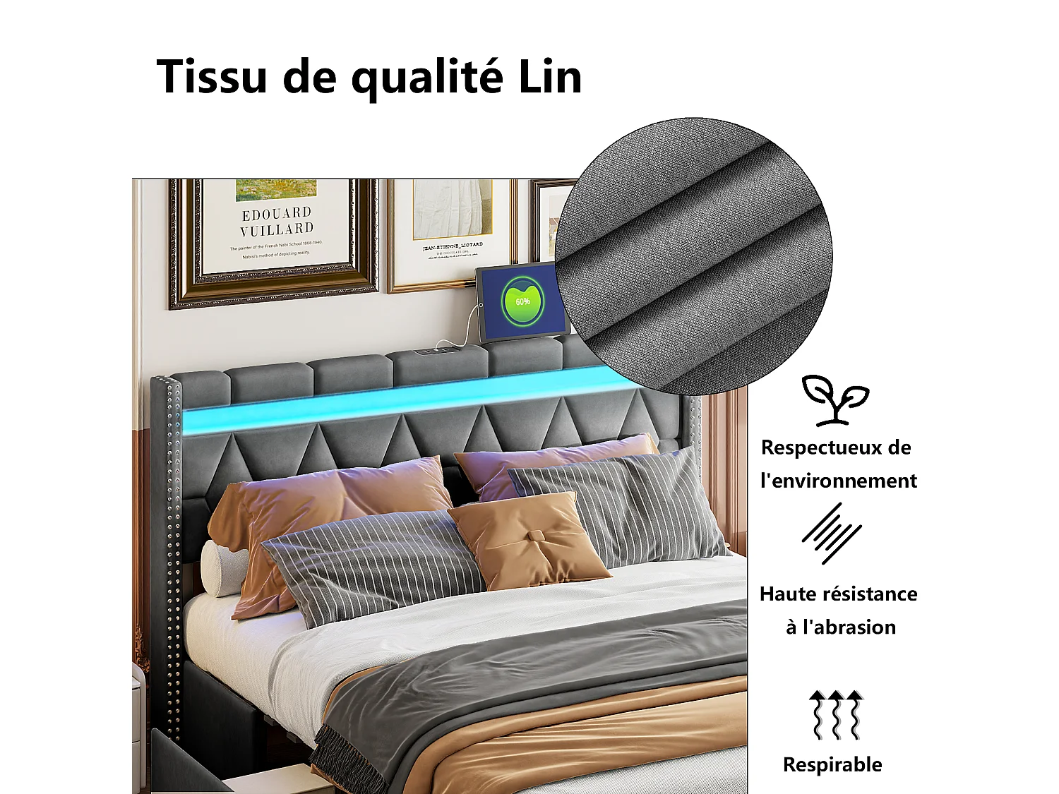 Cama 140 x 200 com gavetas, Cama estofada com LED e USB Estrutura de cama de casal Cama de adulto, Cinza