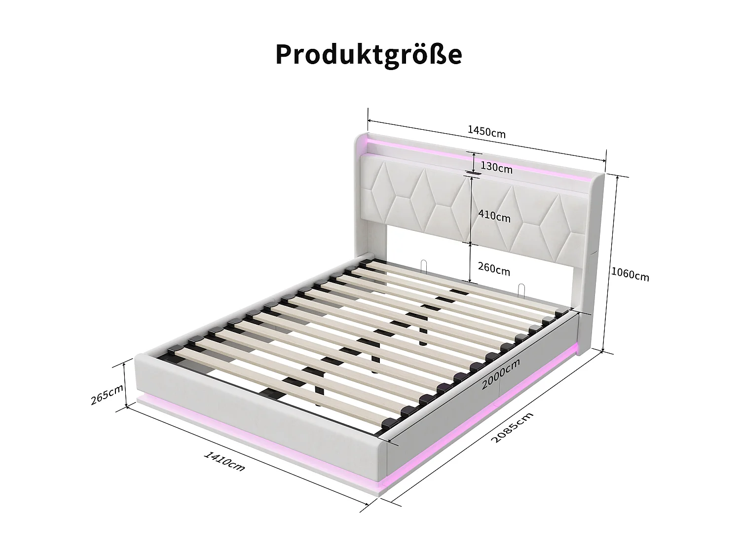 Cama tapizada de 140x200 cm con almacenaje, con LED y puertos de carga USB, con láminas, color blanco