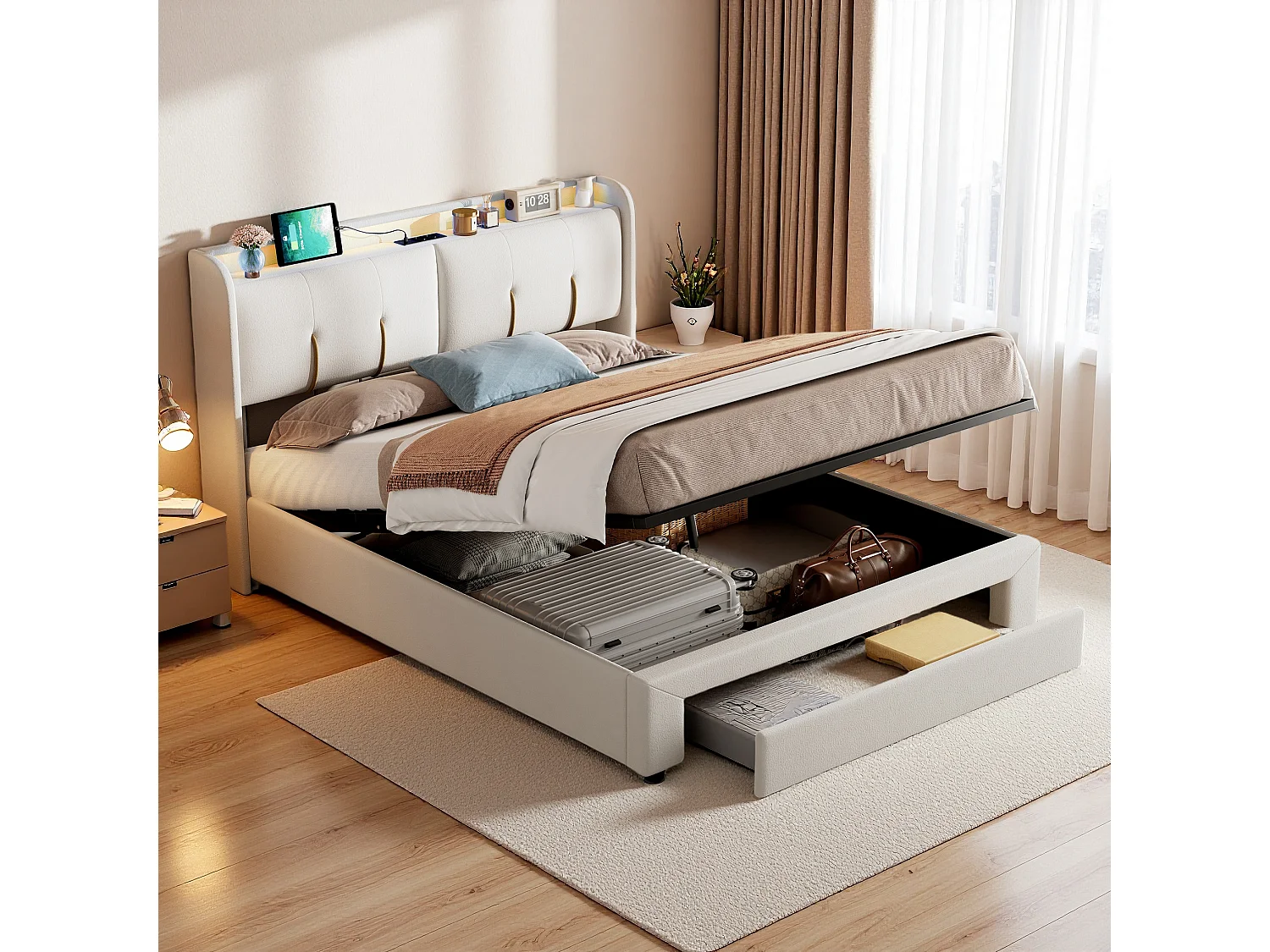 Lit Coffre 160x200 cm avec LED et USB, Lit Double Rembourré avec Tiroirs, Velours, Beige