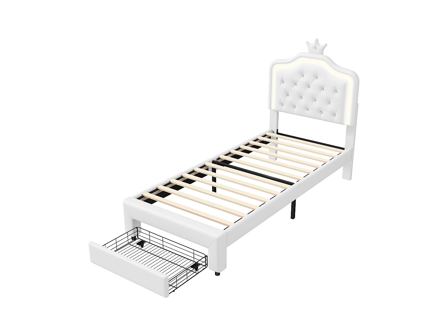 Cama tapizada 140x200 cm, con cajones, LED, con somier y respaldo, color blanco