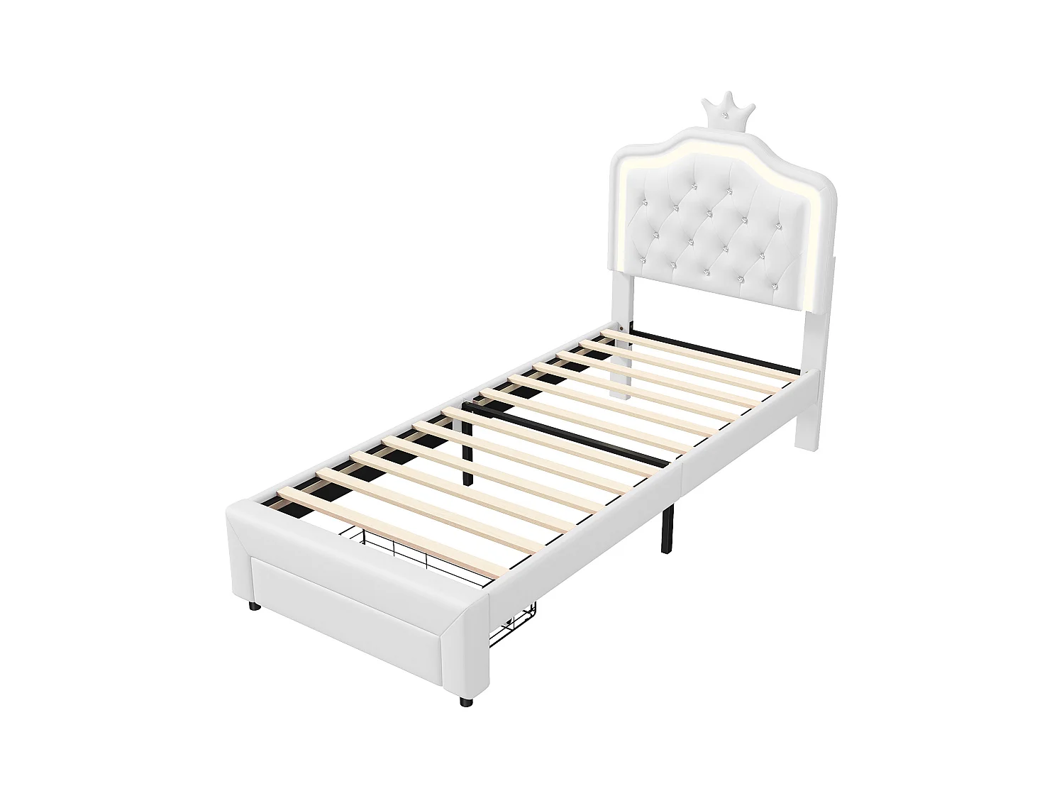 Cama tapizada 140x200 cm, con cajones, LED, con somier y respaldo, color blanco