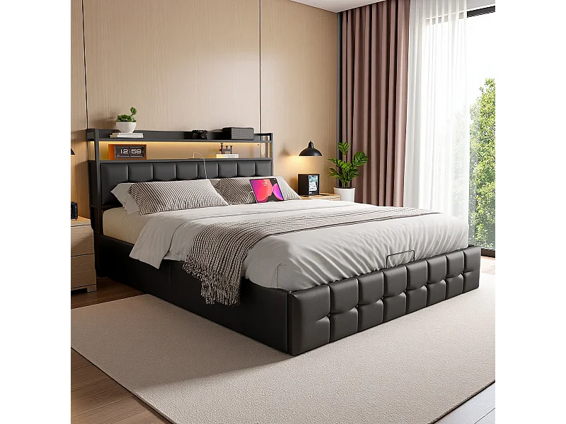 Letto contenitore 160x200 cm, testiera con stazione di ricarica e LED, con rete a doghe, PU, nero