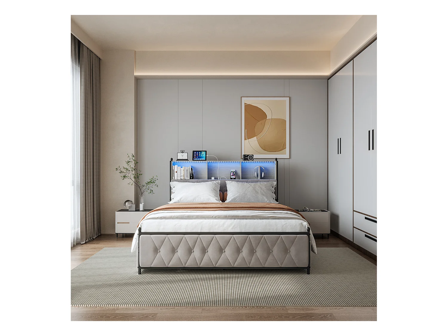 Cama de casal estofada 140x200cm, com 2 USB, cama LED com 4 gavetas de armazenamento, veludo, bege