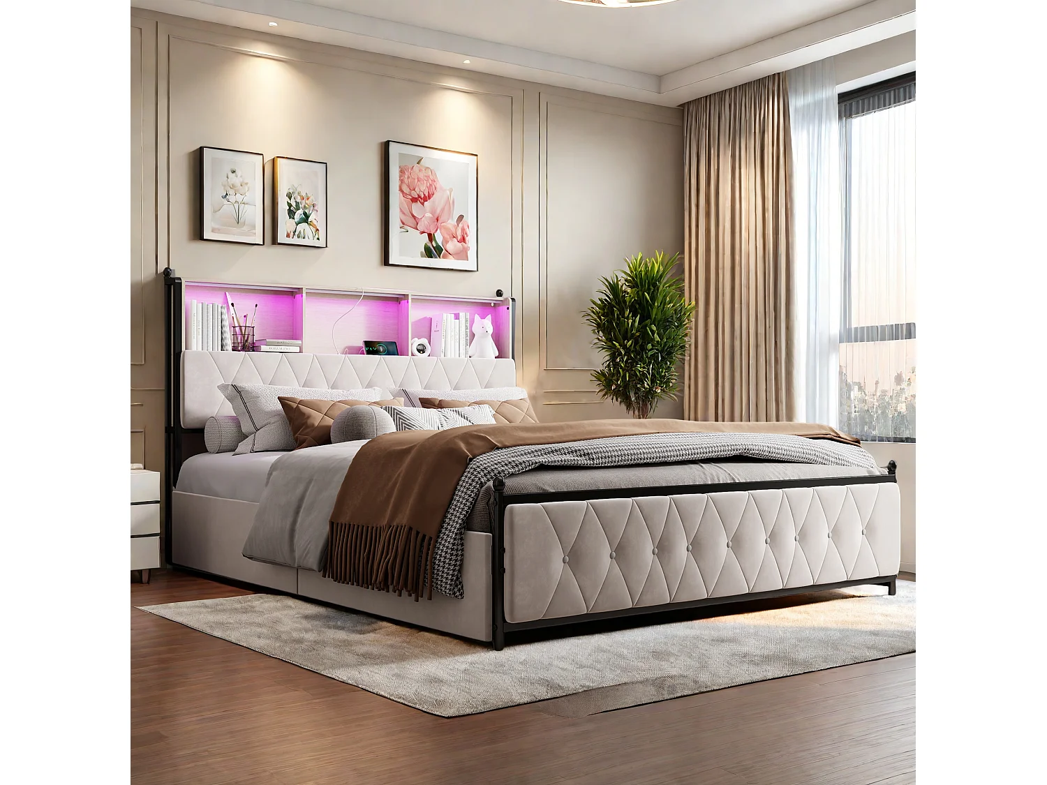 Lits tiroir 140 x 200 cm, Lit Double capitonné avec 4 tiroirs, Lits Coffre avec LED et Charge USB, Cadre de lit avec tête de lit, Velours, Beige