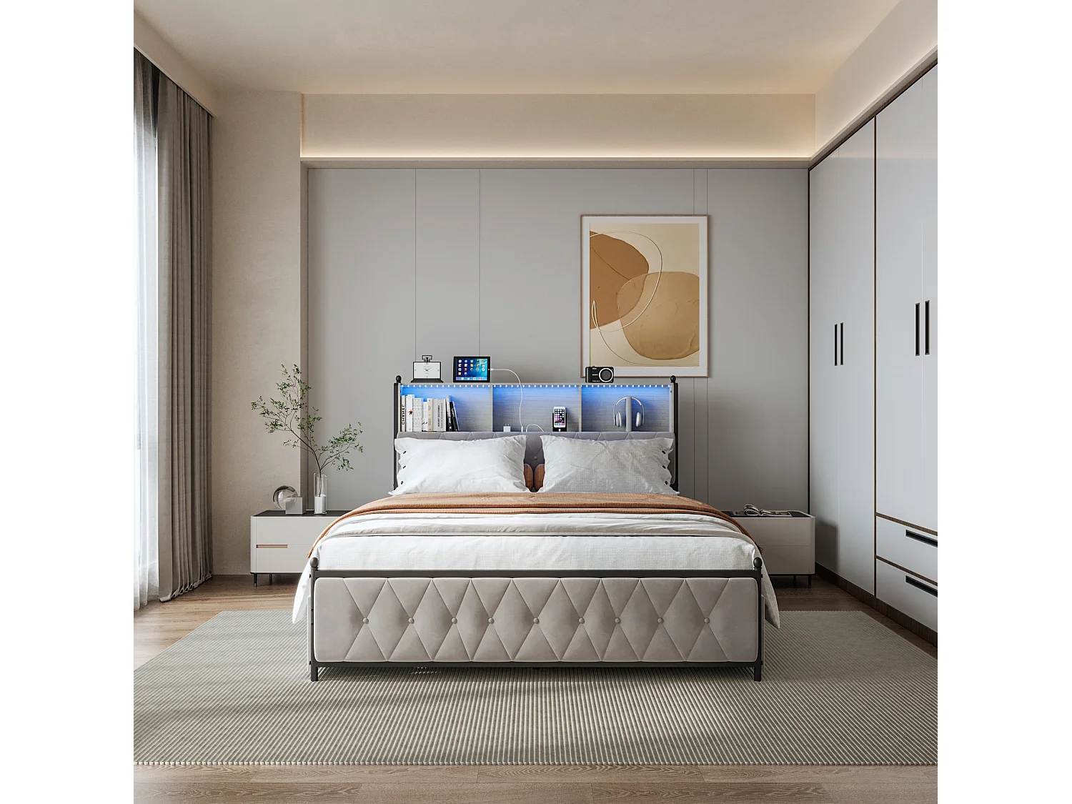 Lits tiroir 140 x 200 cm, Lit Double capitonné avec 4 tiroirs, Lits Coffre avec LED et Charge USB, Cadre de lit avec tête de lit, Velours, Beige