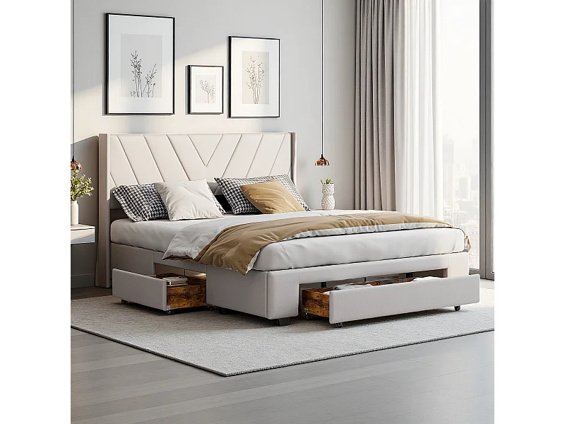 Cama doble 160x200 cm tapizada con 3 cajones y espacio de almacenamiento, cama con somier de láminas, lino, beige