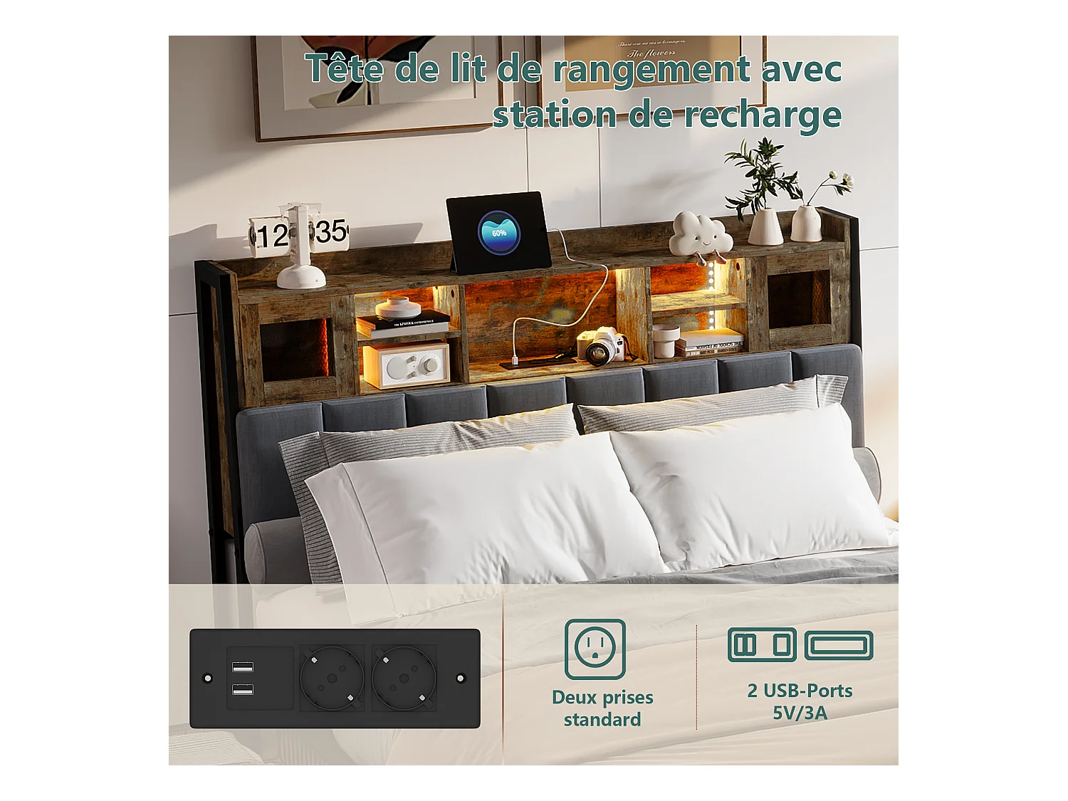 Letto imbottito 160 x 200 cm, testiera LED con vano contenitore e USB, letto matrimoniale, nero