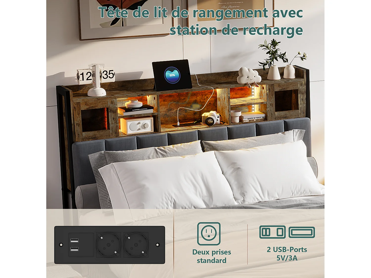 Lit rembourré 160 x 200 cm, tête de lit LED avec compartiment de rangement et USB, lit double, noir