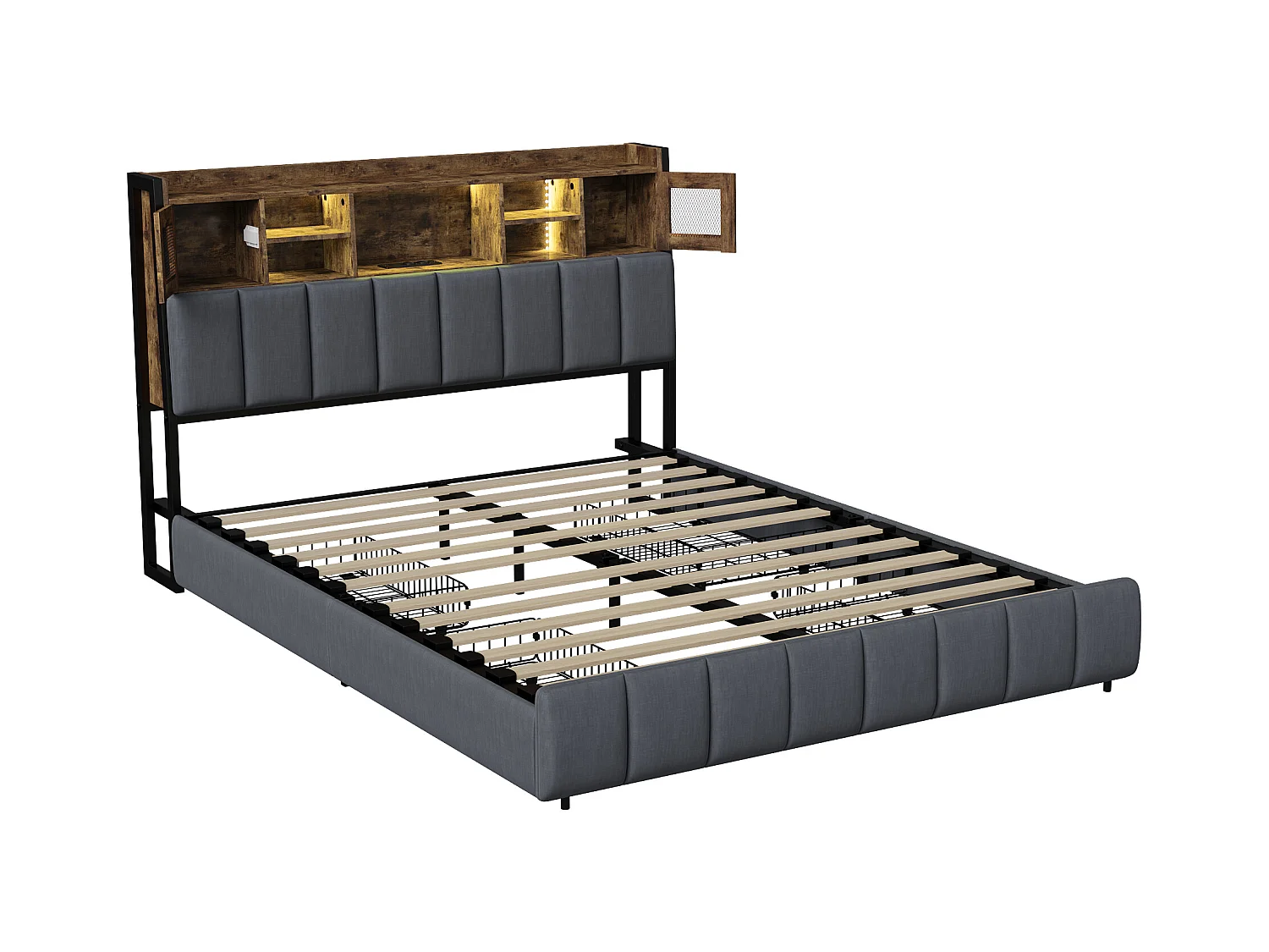 Lit rembourré 160 x 200 cm, tête de lit LED avec compartiment de rangement et USB, lit double, noir