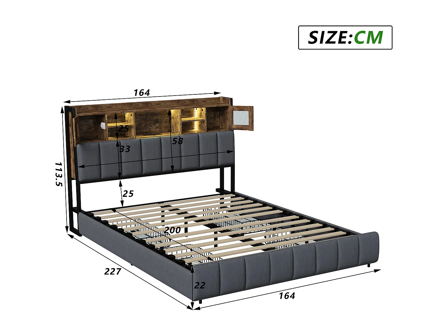 Gestoffeerd bed 160 x 200 cm, LED-hoofdbord met opbergvak en USB, tweepersoonsbed, zwart