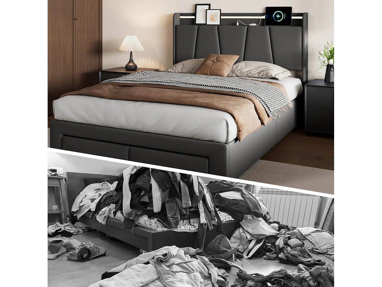 Cama de casal 140 x 200 cm com armazenamento, estrutura de cama estofada com LED, cama com porta USB, cinza escuro