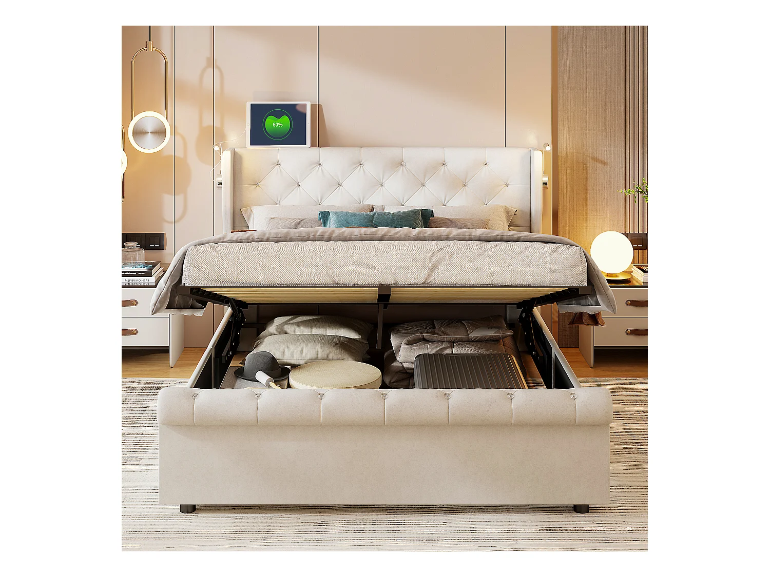 Letto matrimoniale 160 x 200 cm, con lampade da lettura, Letto contenitore, Rete a doghe, Velluto, beige