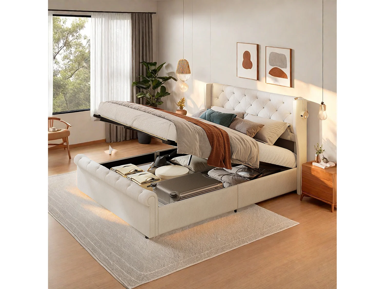 Cama doble de 160 x 200 cm, con lámparas de lectura, cama con canapé, somier de láminas, terciopelo beige
