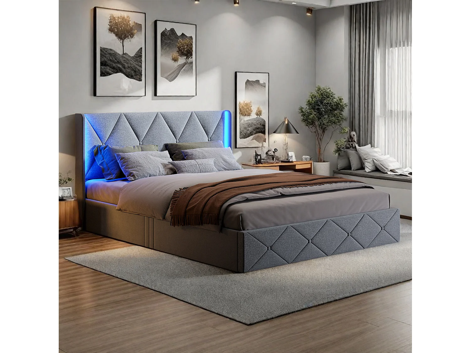 Cama doble tapizada 160x200 cm, con LED, canapé con somier, color gris