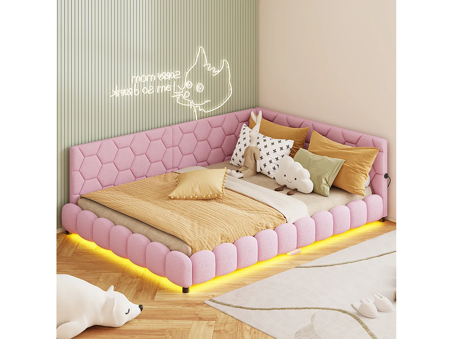 Gepolstertes Doppelbett 140 x 200 cm, mit LED-Beleuchtung und USB-Anschluss, gestepptes Bett mit Lattenrost, Rosa