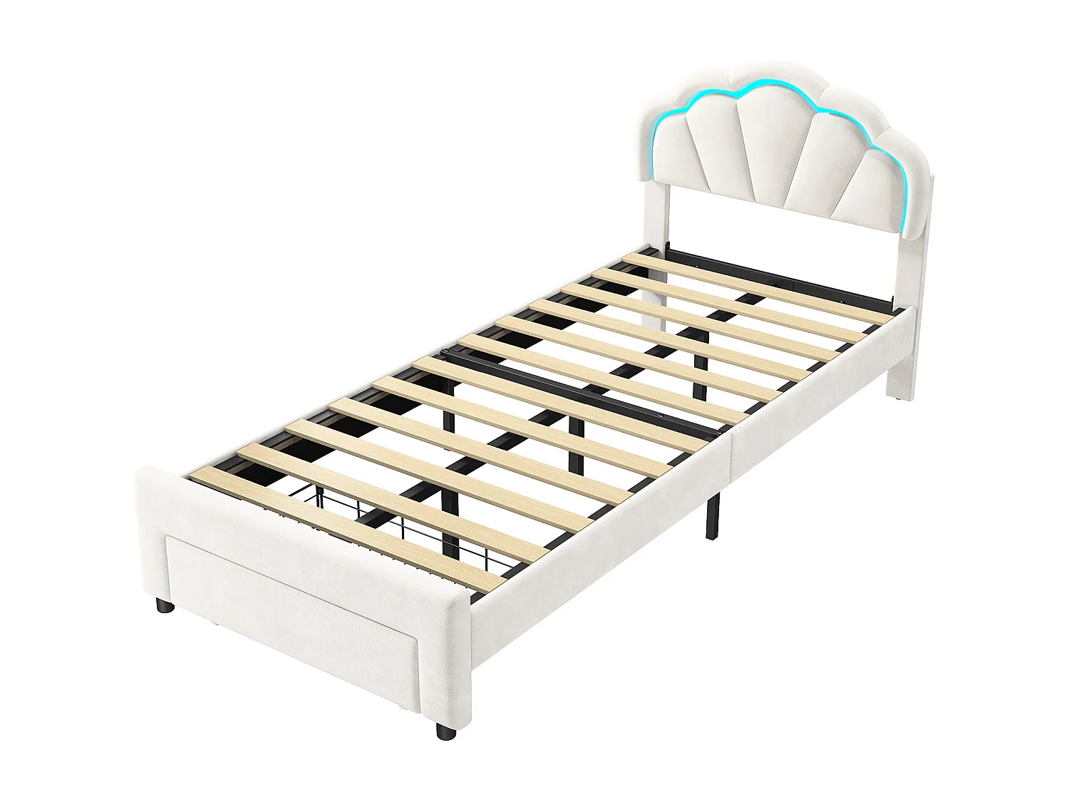 Letto imbottito 140 x 200 cm, con LED, con cassetti, con rete a doghe, velluto, bianco