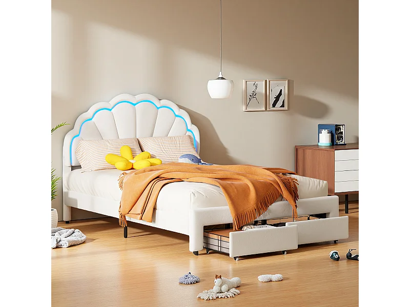 Cama estofada 140 x 200 cm, com LED, com gavetas, com estrado de ripas, veludo, branco