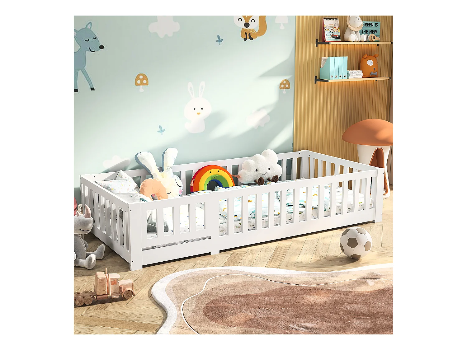 Letto per bambini 90 x 200 cm - Letto a terra per bambini in legno naturale con sponda e base - Bianco