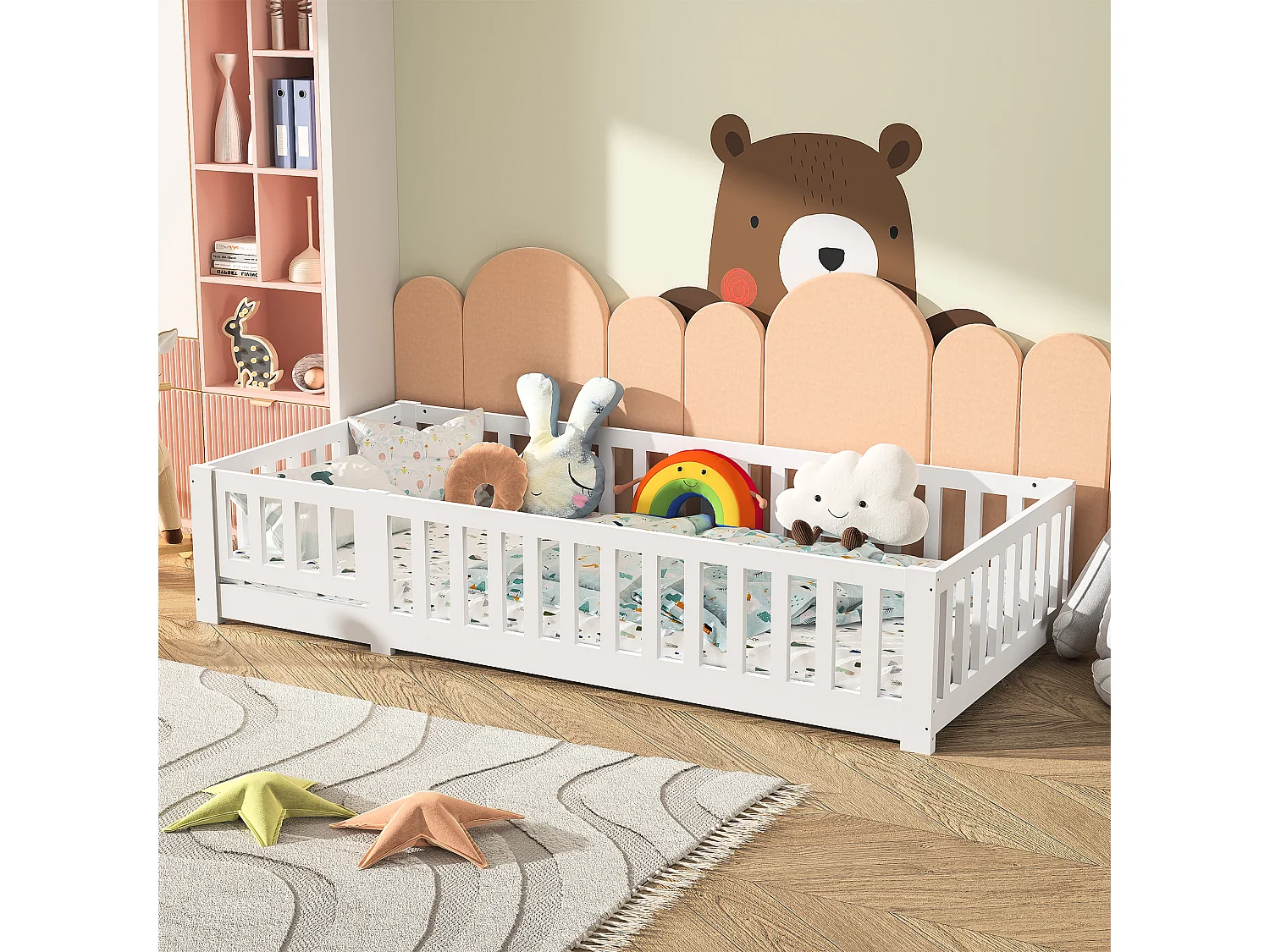 Lit Enfant 90 x 200 cm - Lit au Sol Enfant en Bois Naturel avec Barrière et Sommier - Blanc