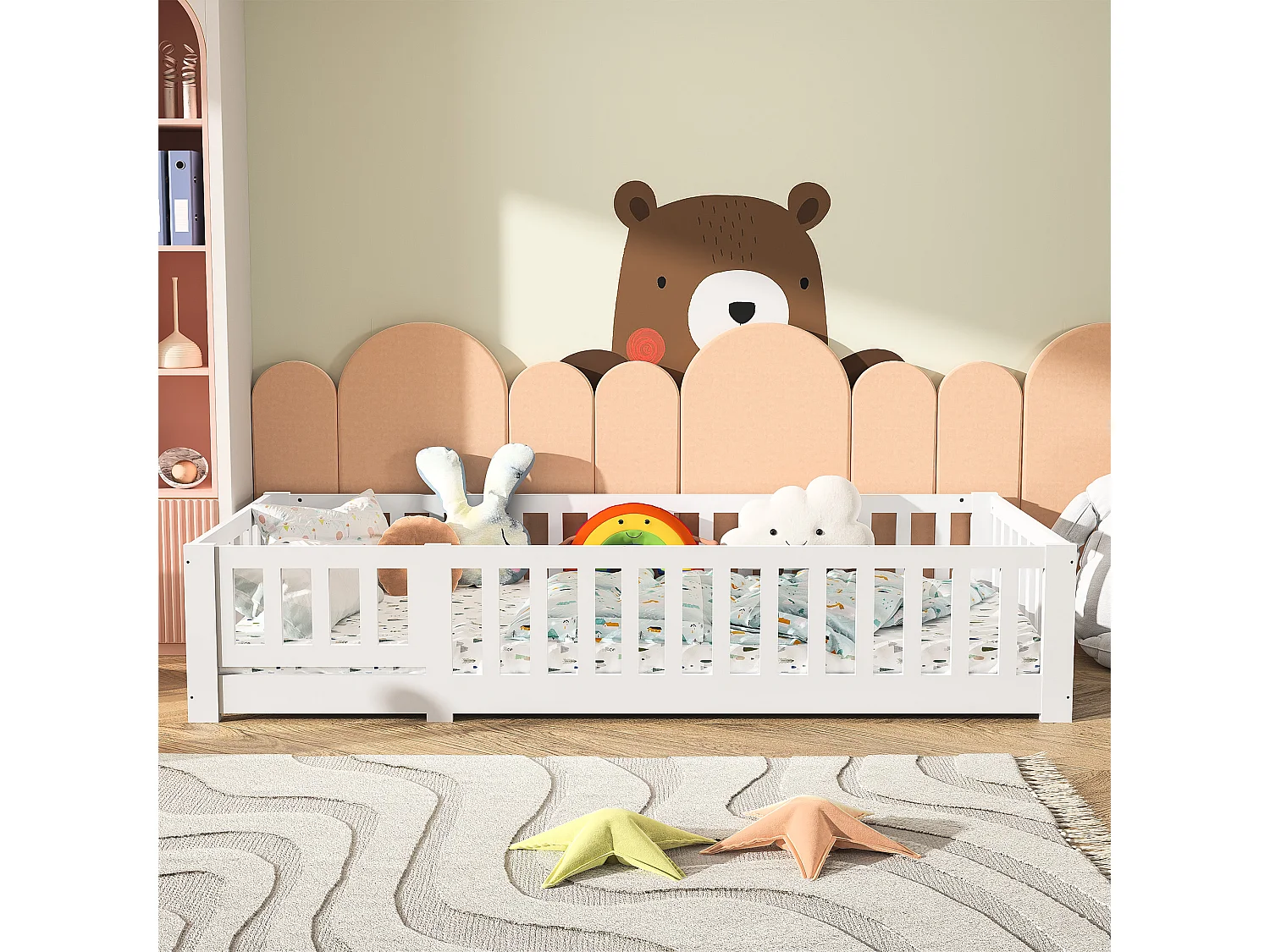 Lit Enfant 90 x 200 cm - Lit au Sol Enfant en Bois Naturel avec Barrière et Sommier - Blanc