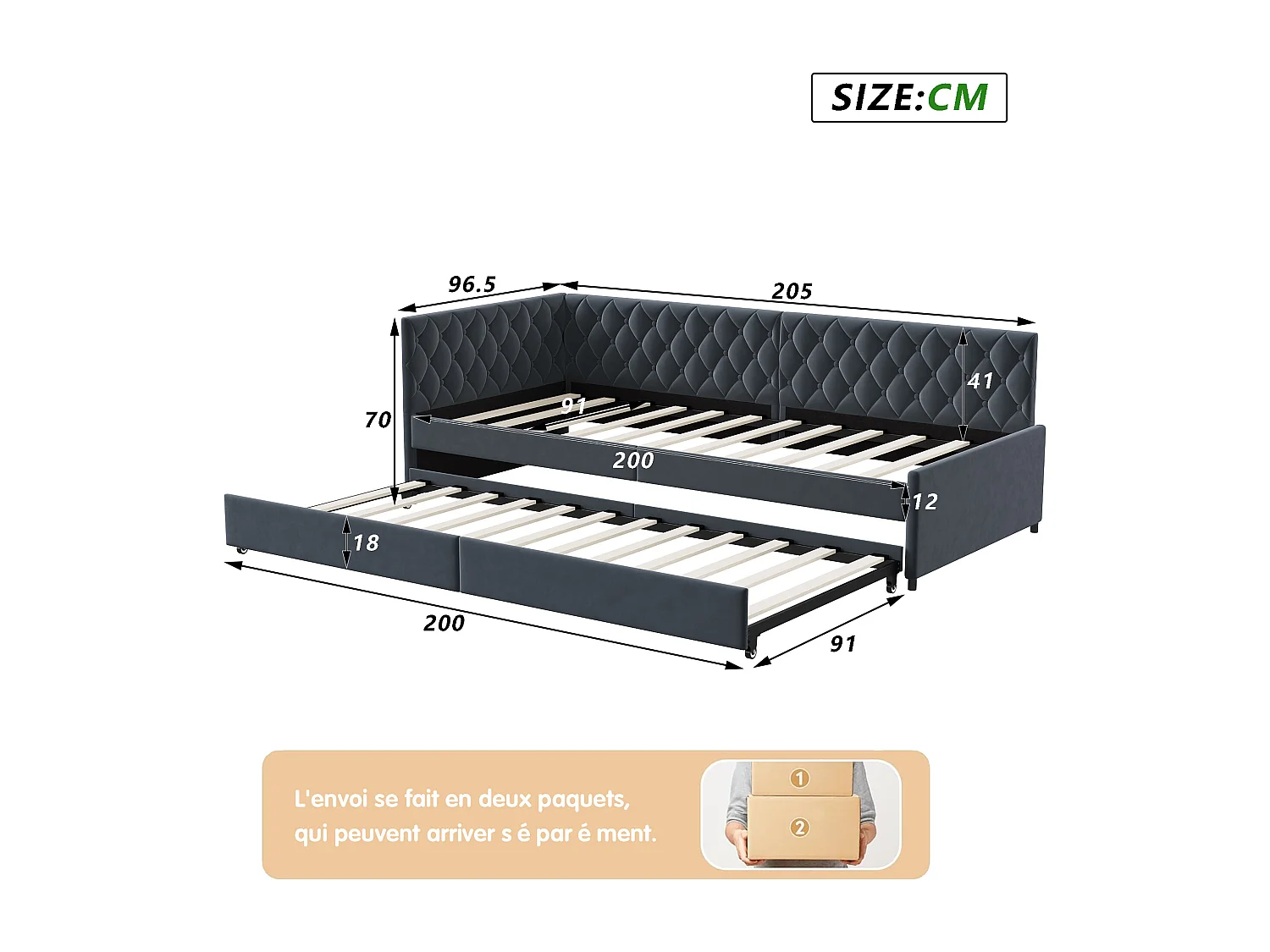 Lit gigogne 90/180x200 cm - Canapé-lit extensible avec sommiers à lattes en tissu velours - Gris