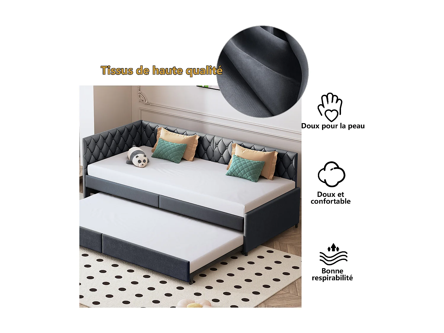 Lit gigogne 90/180x200 cm - Canapé-lit extensible avec sommiers à lattes en tissu velours - Gris