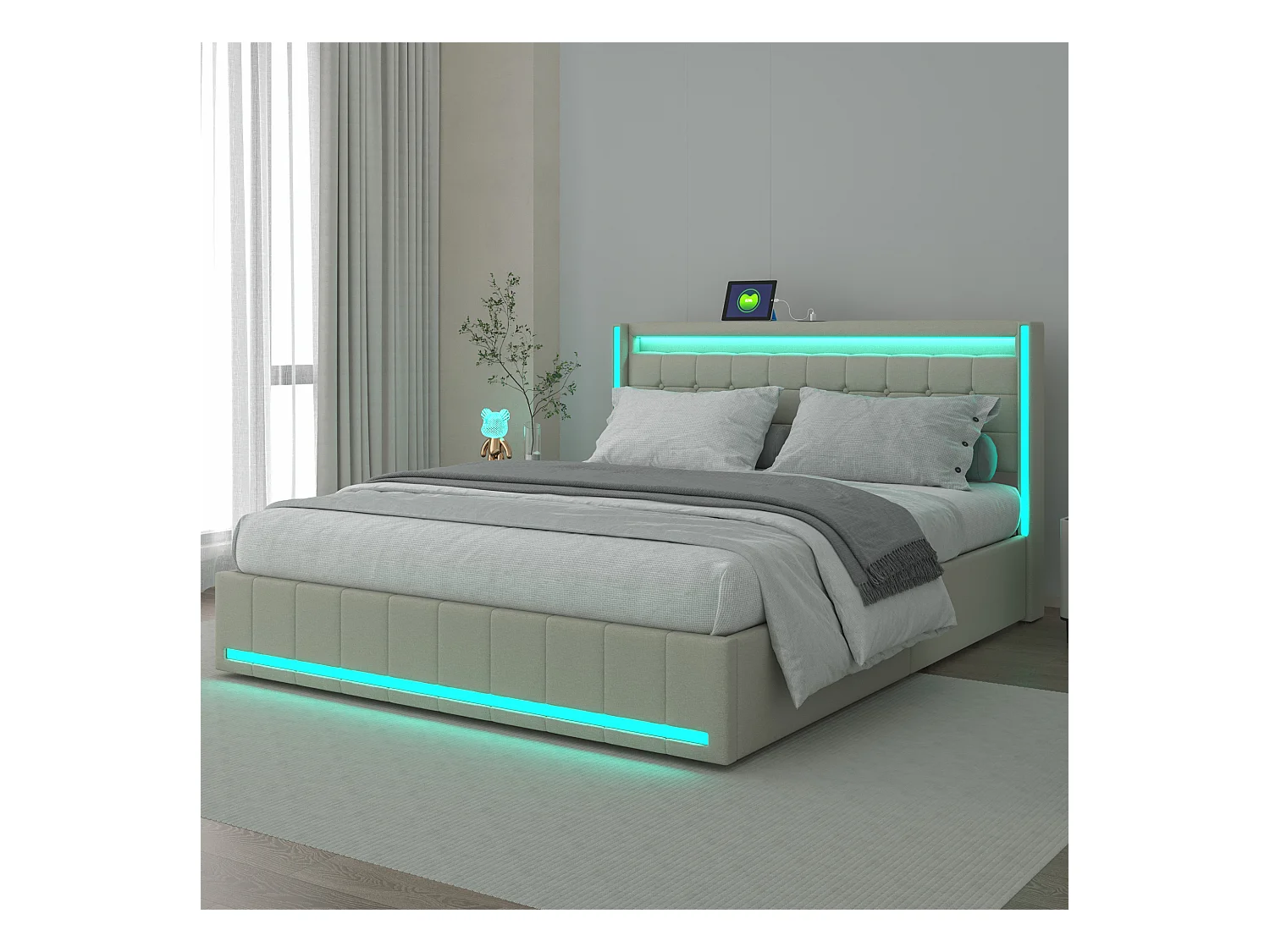 Cama de armazenamento 140x200 cm, cama de casal estofada com USB e tipo C, LED, com 4 gavetas, linho, bege
