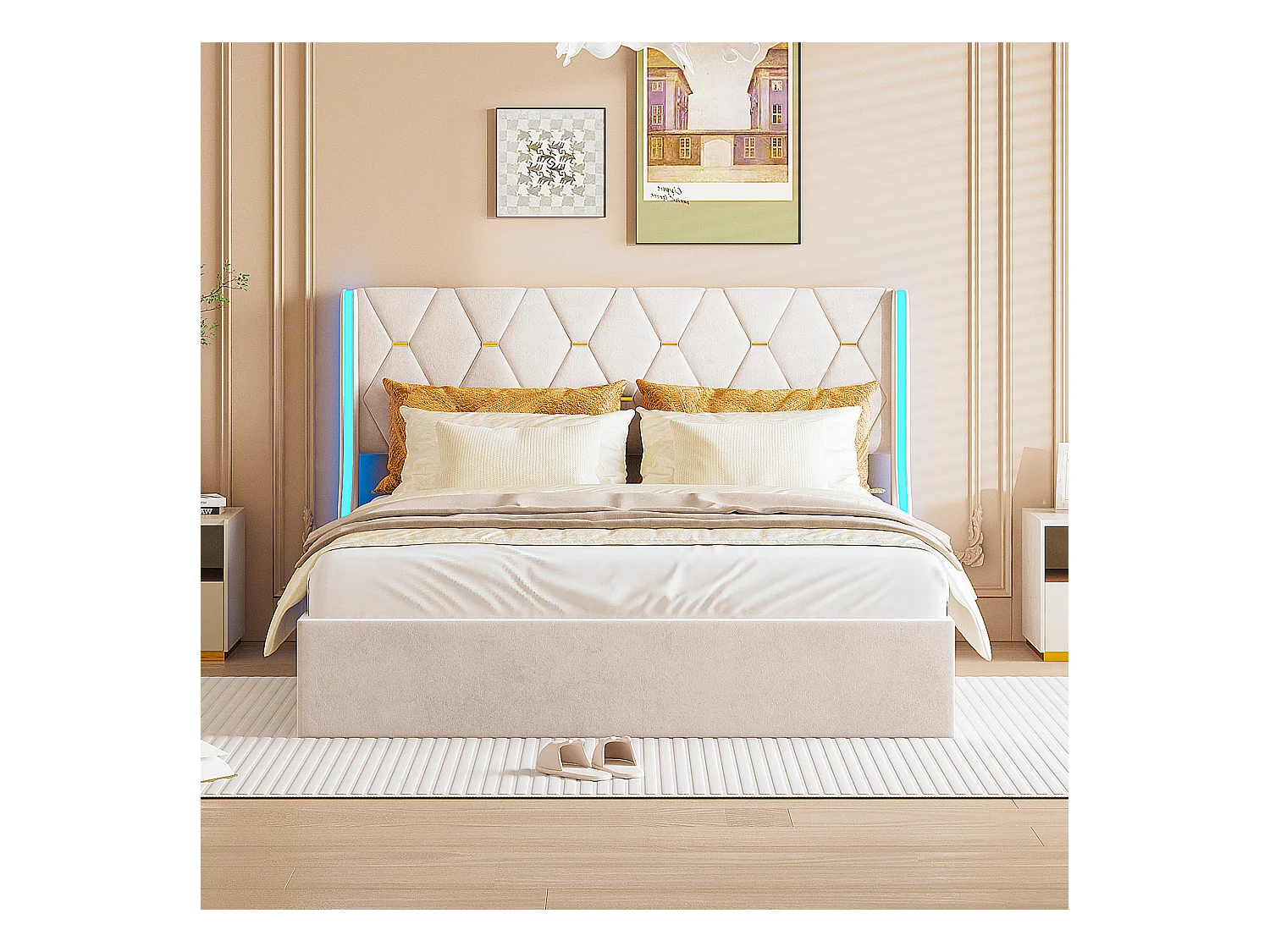 Cama de arrumação 140x200 cm com base, com LED, estrado de ripas, Veludo, Bege