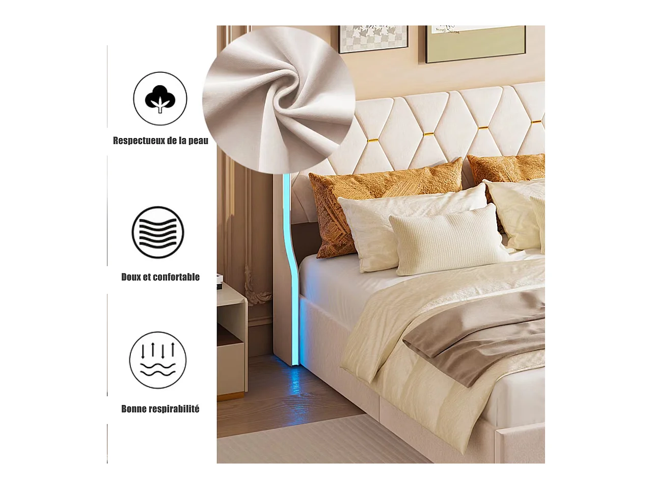 Cama de arrumação 140x200 cm com base, com LED, estrado de ripas, Veludo, Bege