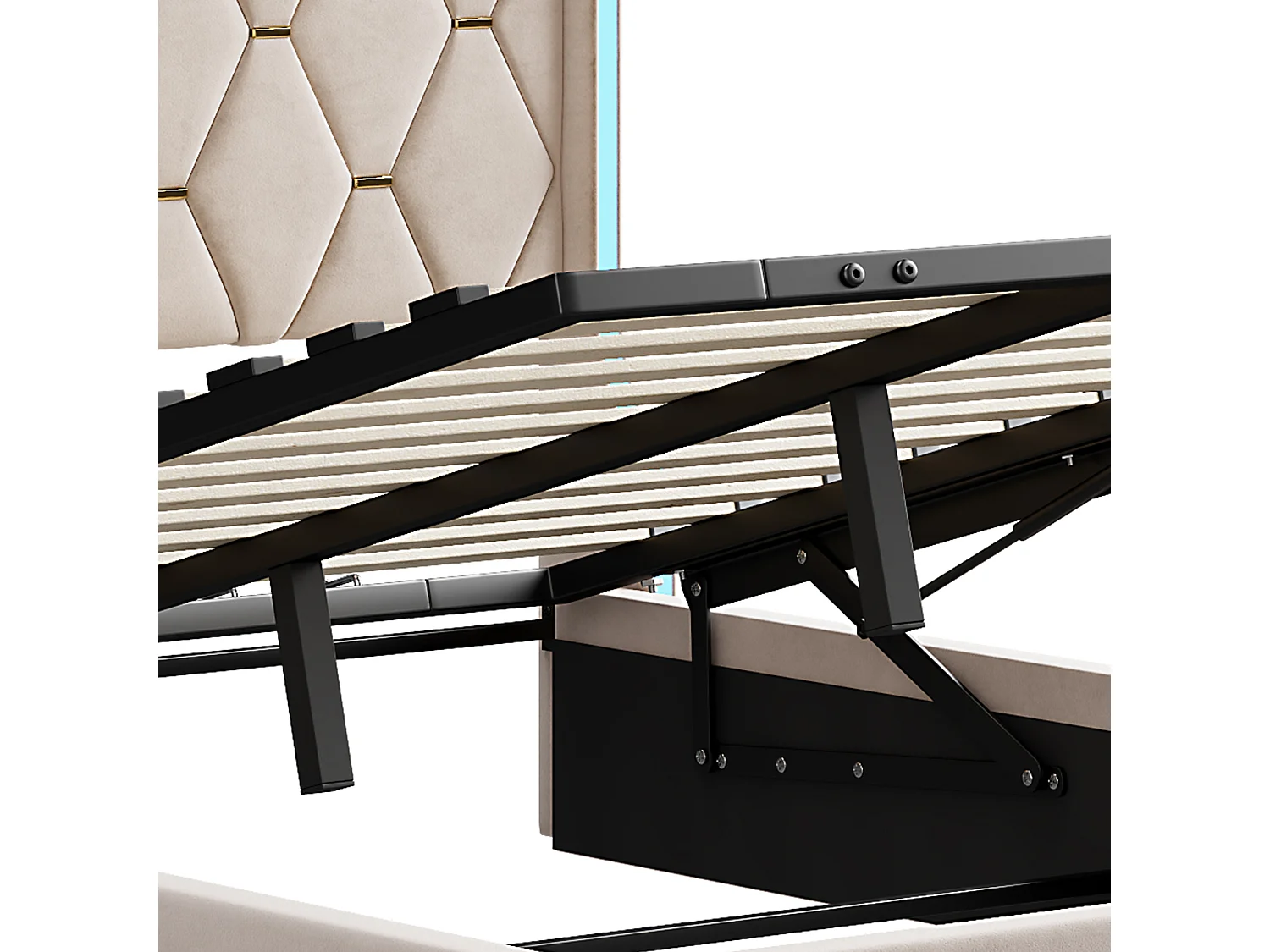 Cama con canapé 140x200 cm con base, con LED, somier de láminas, Terciopelo, Beige