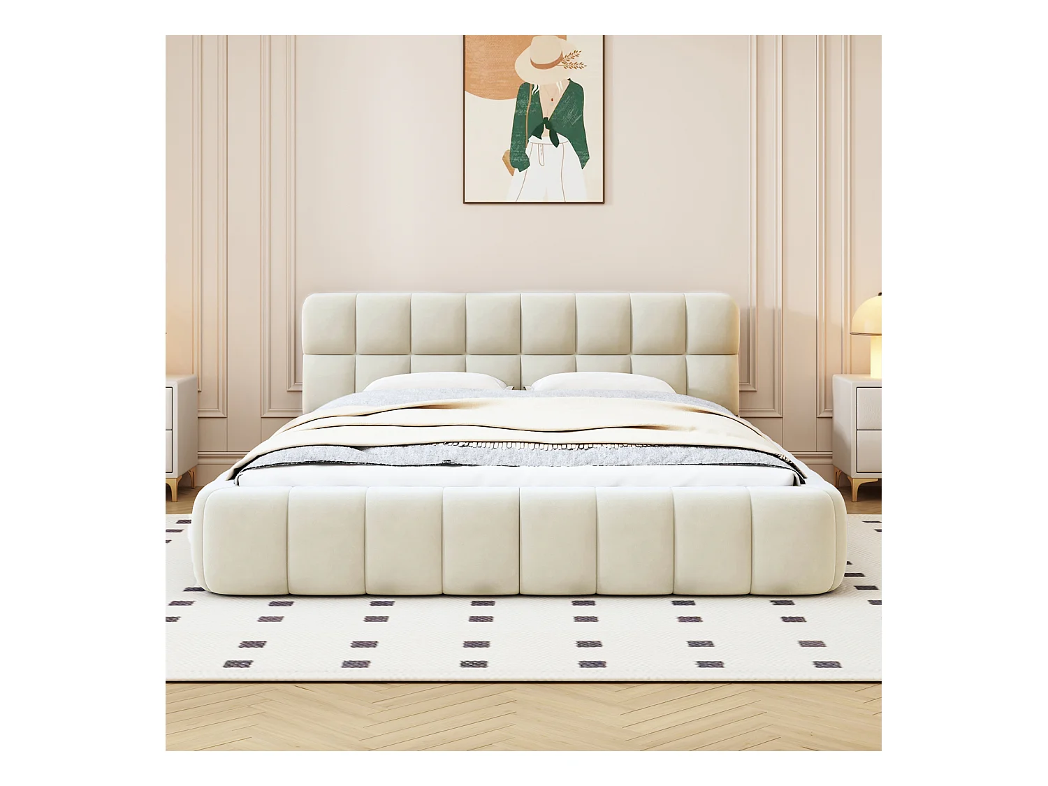 Gestoffeerd tweepersoonsbed, bubbel, 140 x 190 cm, met lattenbodem en zachte rugleuning, linnen, beige