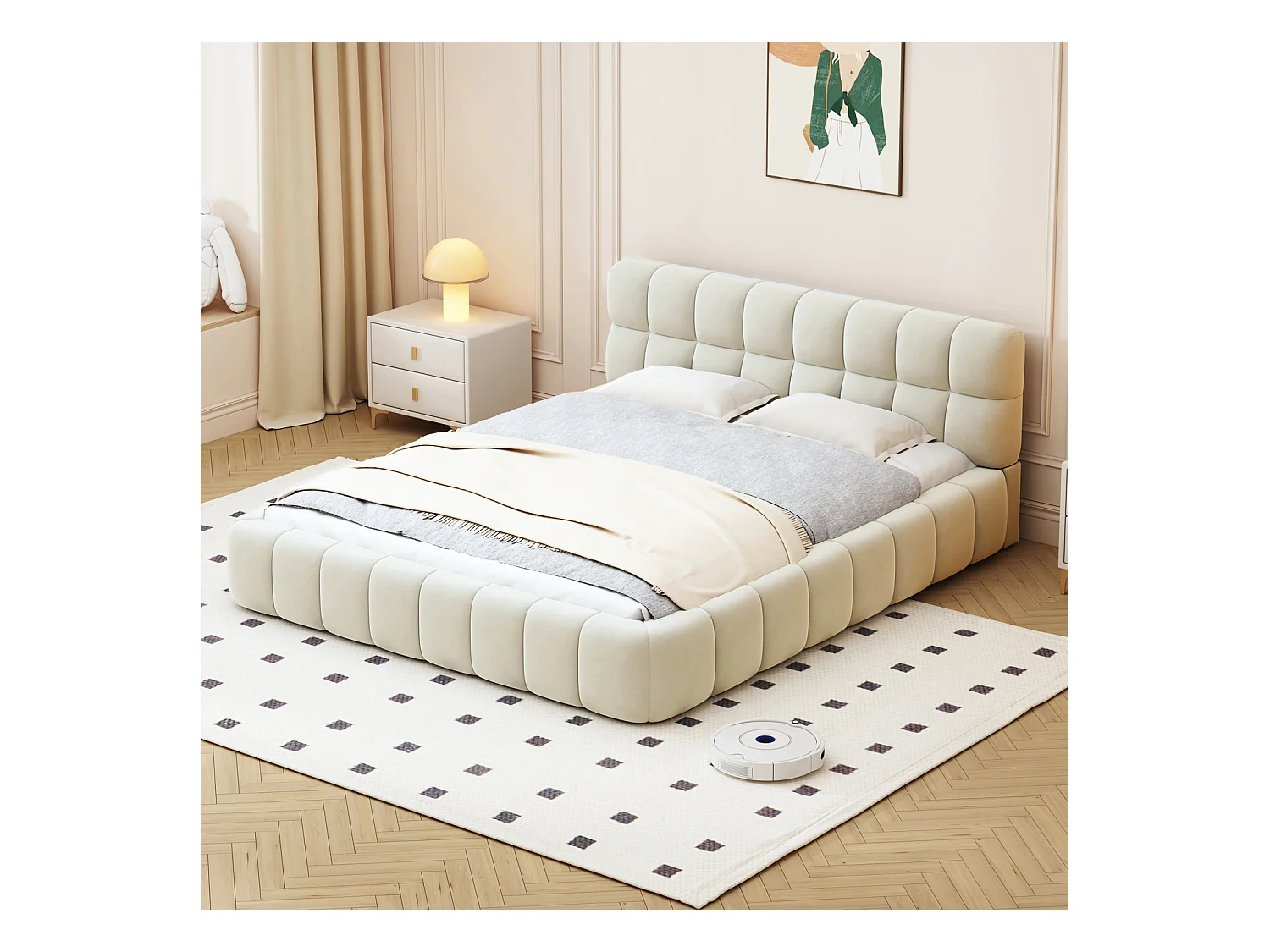 Lit double rembourré, à bulles, 140 x 190 cm, avec sommier à lattes et dossier souple,  lin, beige