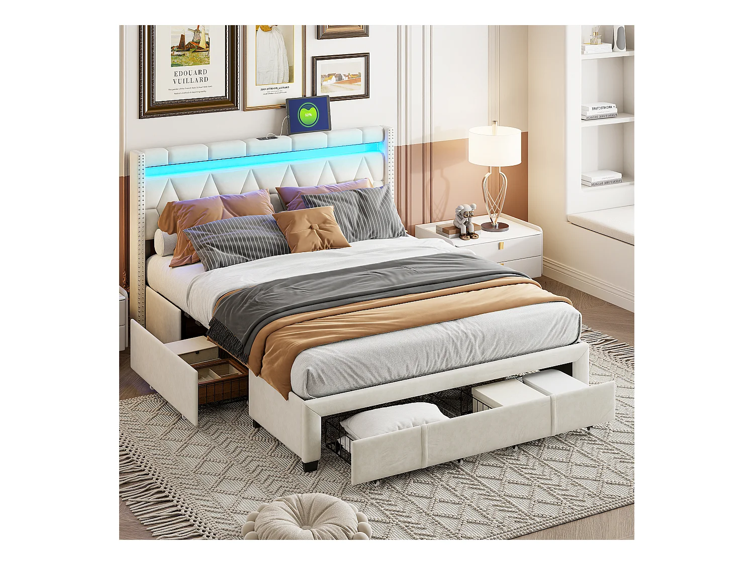 Cama 160x200 con cajones, Cama tapizada con LED y USB Estructura de cama de matrimonio Cama adulto, Beige