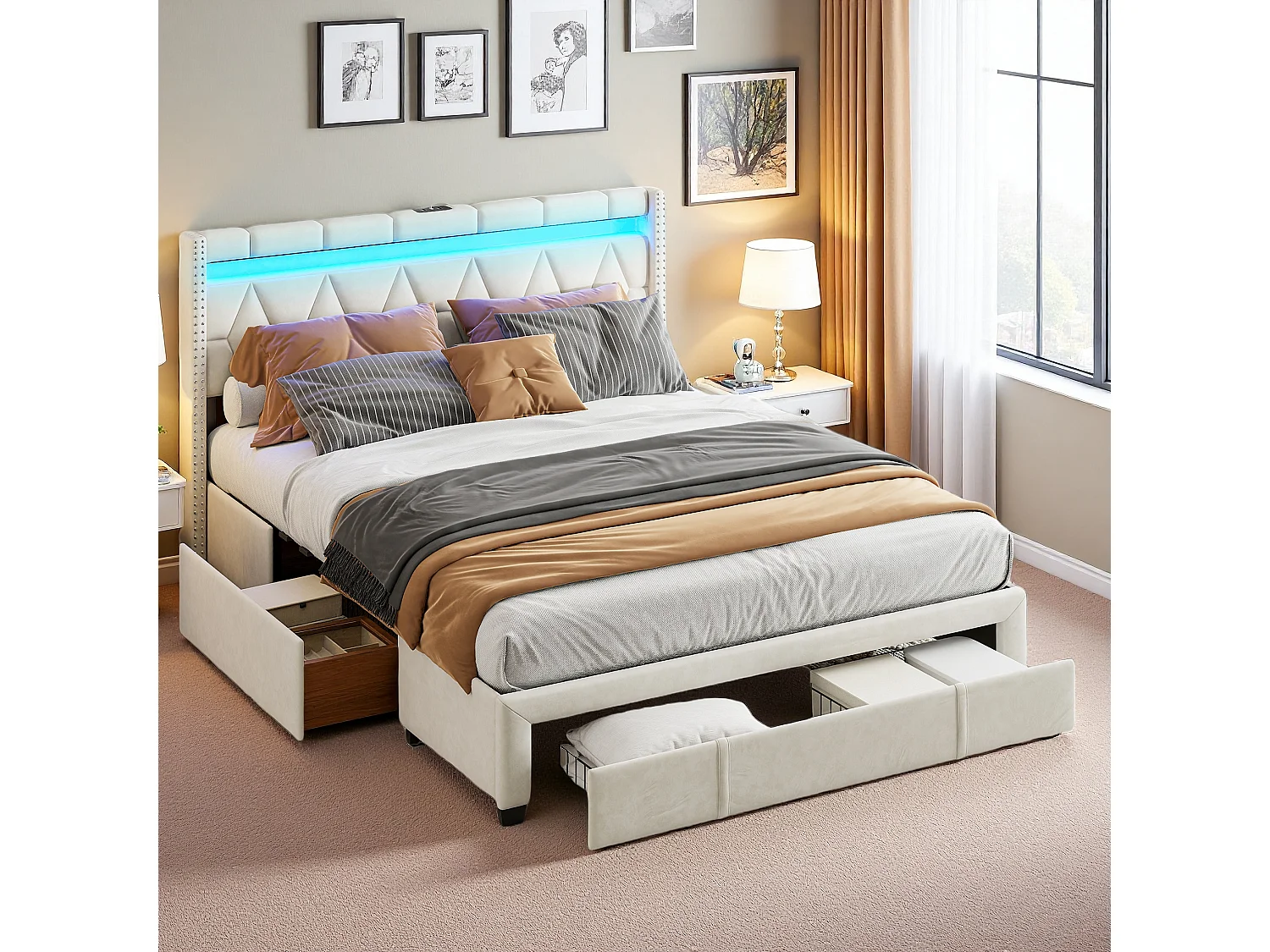 Lit 160x200 cm avec sommier à Lattes et 4 Tiroirs, Tete de lit avec Ports USB/C et lumière LED, Cadre de Lit Double pour Adultes et Ados, Beige