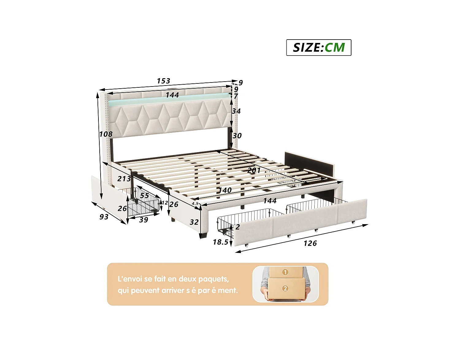 Cama 140 x 200 com gavetas, Cama estofada com LED e USB Estrutura de cama de casal Cama de adulto, Bege