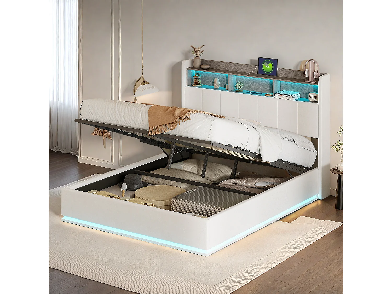 Letto contenitore 140x200 Letto matrimoniale imbottito, con LED e USB, rete a doghe, Velluto, Bianco