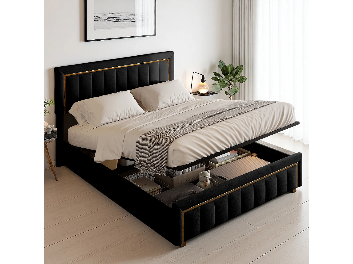 lit 140x200 cm avec sommier, Lit rembourré avec Rangement et sommier à Lattes, Hydraulique, Velours Noir, sans Matelas