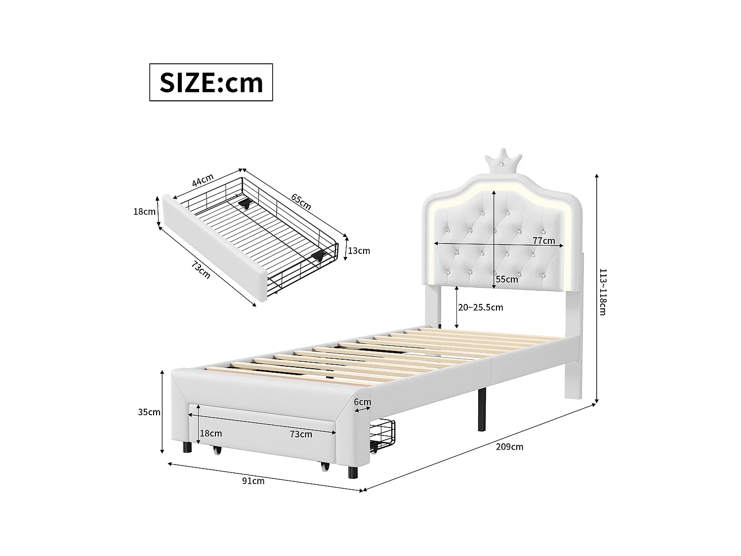 Letto imbottito 90 x 200 cm, con cassetti, LED, con rete a doghe e schienale, bianco