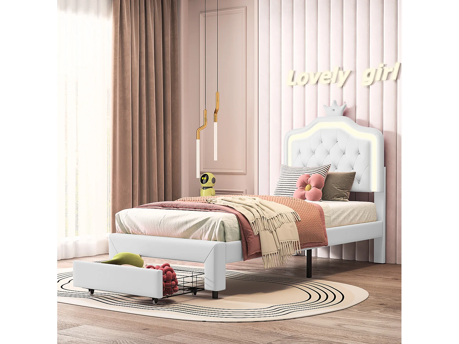 Cama tapizada 90x200 cm, con cajones, LED, con somier y respaldo, color blanco