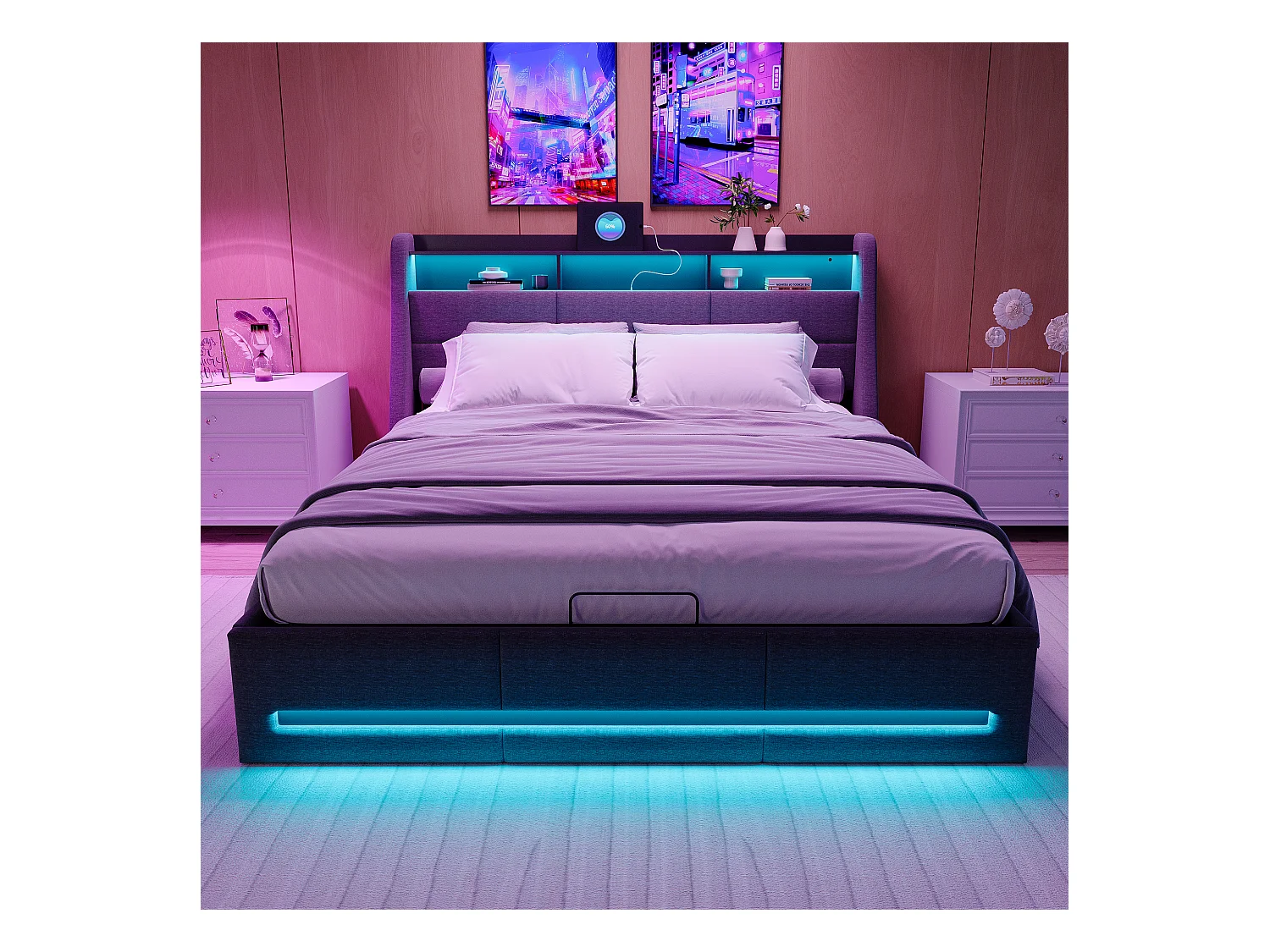 Cama 160x200 com estrado de ripas LED e carregamento USB, Cama de casal estofada com 4 gavetas, Linho, Cinza